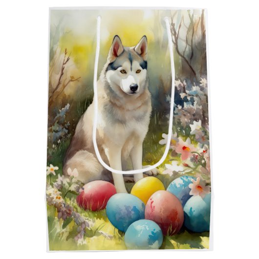Siberische Husky Hond met Paaseieren Vakantie Medium Cadeauzakje (Achterkant)