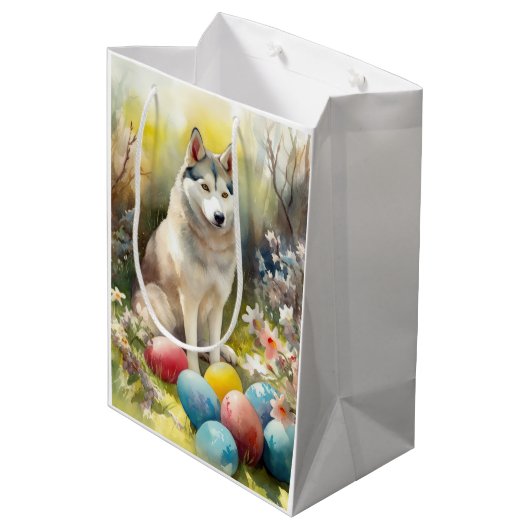 Siberische Husky Hond met Paaseieren Vakantie Medium Cadeauzakje (Achterkant Gekanteld)