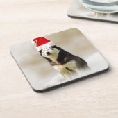Siberische Husky Hond met Santa Hoed in Sneeuw Bier Onderzetter (Linkerzijde)