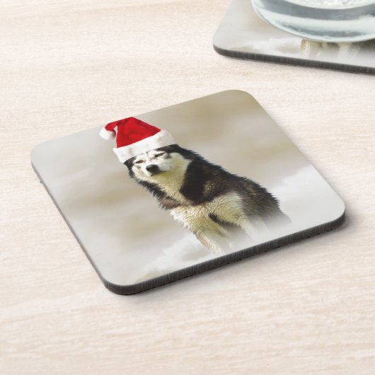 Siberische Husky Hond met Santa Hoed in Sneeuw Bier Onderzetter (Linkerzijde)