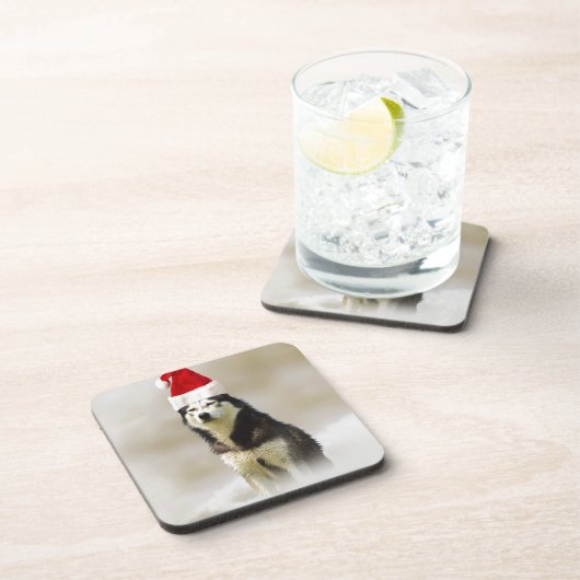 Siberische Husky Hond met Santa Hoed in Sneeuw Bier Onderzetter (Rechterzijde)