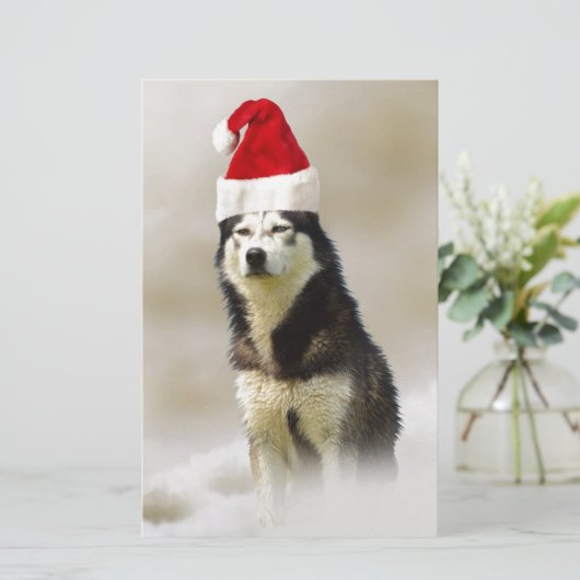 Siberische Husky Hond met Santa Hoed in Sneeuw Briefpapier (Staand voorkant)
