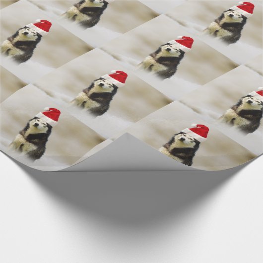 Siberische Husky Hond met Santa Hoed in Sneeuw Cadeaupapier (Hoek)