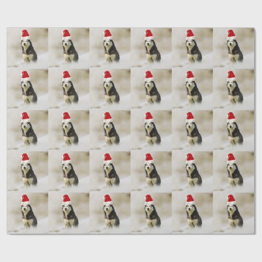 Siberische Husky Hond met Santa Hoed in Sneeuw Cadeaupapier (Vlak)