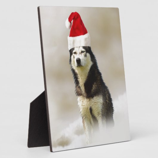 Siberische Husky Hond met Santa Hoed in Sneeuw Fotoplaat (Zijkant)