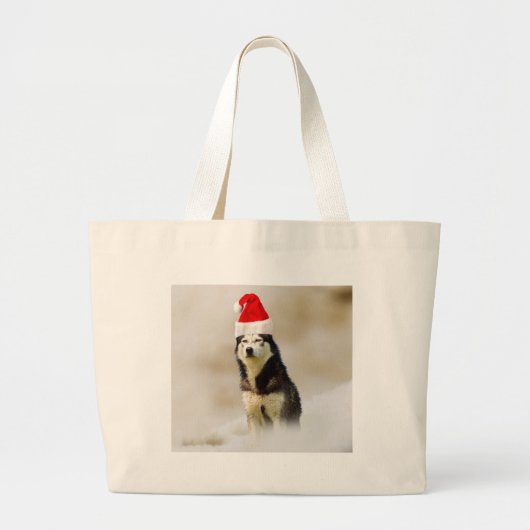 Siberische Husky Hond met Santa Hoed in Sneeuw Grote Tote Bag (Voorkant)