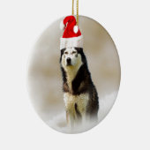 Siberische Husky Hond met Santa Hoed in Sneeuw Keramisch Ornament (Rechts)