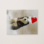 Siberische Husky Hond met Santa Hoed in Sneeuw Legpuzzel (Horizontaal)