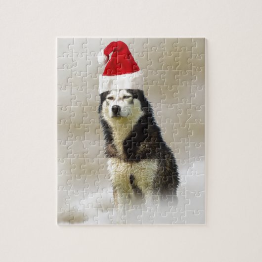 Siberische Husky Hond met Santa Hoed in Sneeuw Legpuzzel (Verticaal)
