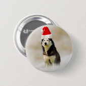 Siberische Husky Hond met Santa Hoed in Sneeuw Ronde Button 5,7 Cm (Voorkant /achterkant)