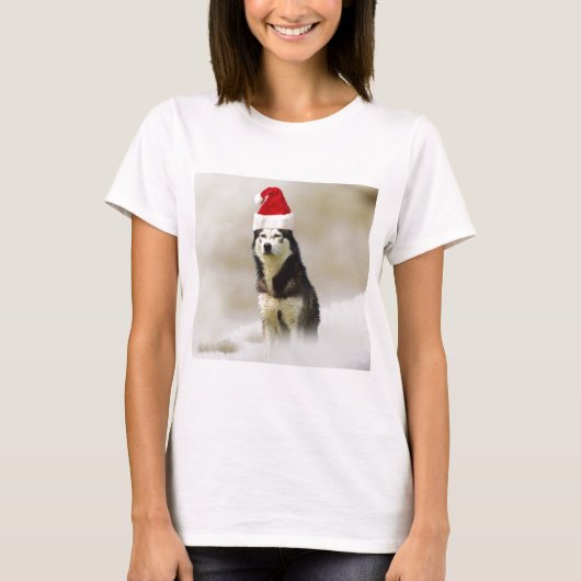 Siberische Husky Hond met Santa Hoed in Sneeuw T-shirt (Voorkant)
