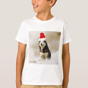 Siberische Husky Hond met Santa Hoed in Sneeuw T-shirt