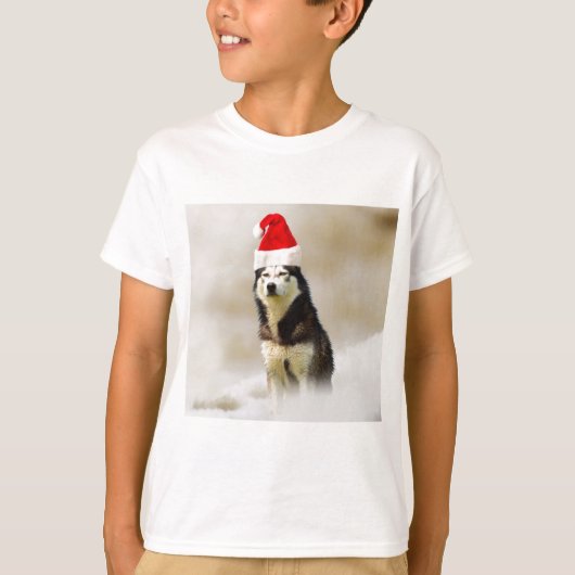 Siberische Husky Hond met Santa Hoed in Sneeuw T-shirt (Voorkant)