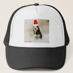 Siberische Husky Hond met Santa Hoed in Sneeuw Trucker Pet