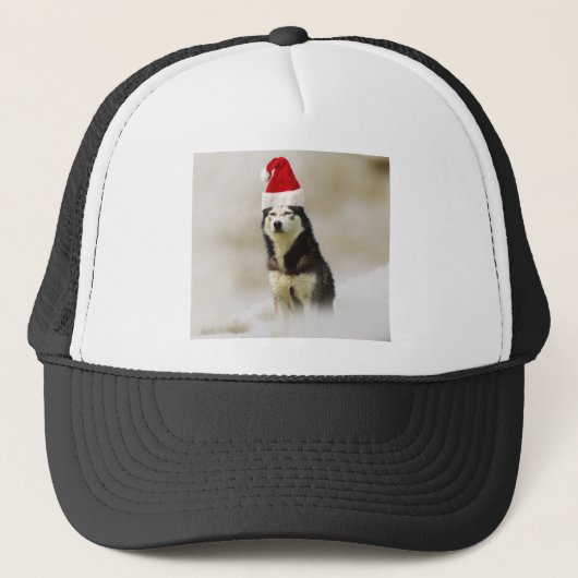 Siberische Husky Hond met Santa Hoed in Sneeuw Trucker Pet (Voorkant)