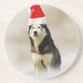 Siberische Husky Hond met Santa Hoed in Sneeuw Zandsteen Onderzetter (Voorkant)