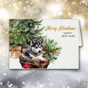 Siberische husky hond rieten mand kerstboom