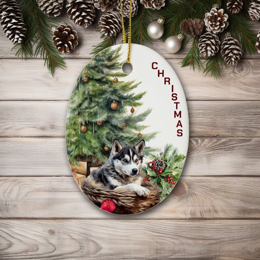 Siberische Husky hond rieten mand Kerstmis Keramisch Ornament