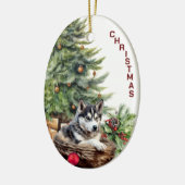 Siberische Husky hond rieten mand Kerstmis Keramisch Ornament (Links)