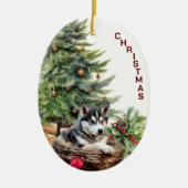 Siberische Husky hond rieten mand Kerstmis Keramisch Ornament (Voorkant)