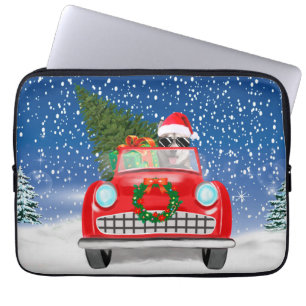 Siberische Husky-hond rijdt auto in sneeuw Kerstmi Laptop Sleeve