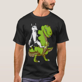 Siberische Husky-hond rijdt op T-Rex-dinosaurus T-shirt