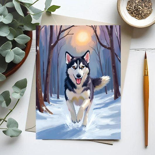 Siberische Husky Hond Schilderen Winter Briefkaart