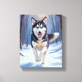 Siberische Husky-hond Schilderen Winter Canvas Afdruk