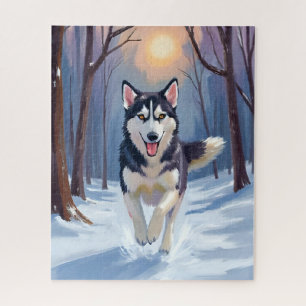 Siberische Husky-hond Schilderen Winter Kunst Legpuzzel