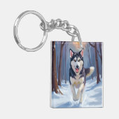 Siberische Husky | Hond Schilderij Winter Sleutelhanger (Voorkant Links)