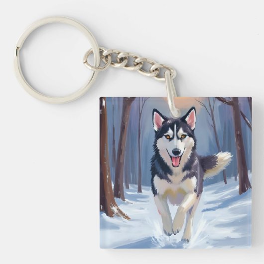Siberische Husky | Hond Schilderij Winter Sleutelhanger (Voorkant)