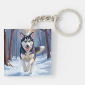 Siberische Husky | Hond Schilderij Winter Sleutelhanger (Achterkant)