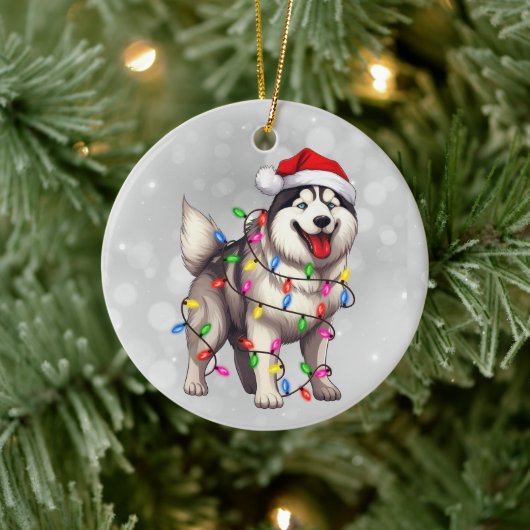 Siberische Husky hond verpakt in kerstverlichting Keramisch Ornament (Boom)