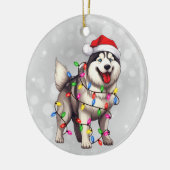 Siberische Husky hond verpakt in kerstverlichting Keramisch Ornament (Links)