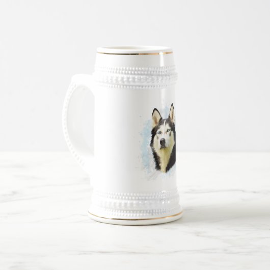 Siberische Husky Hond Water Kleur Kunst Bierpul (Voorkant links)
