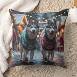 Siberische Husky Honden Kerstmis Sneeuw Vakantie  Kussen