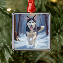 Siberische Husky | Honden Schilderij Winter Metalen Ornament