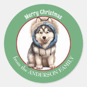 Siberische Husky Hondenpup in Winter Hoodie Kerstm Ronde Sticker (Voorkant)