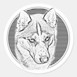 Siberische Husky Hund schwarz/weiß Kreis Streifen Ronde Sticker