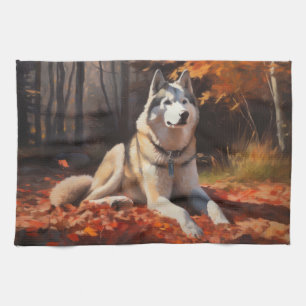 Siberische Husky in de herfst Bladeren vallen Insp Theedoek