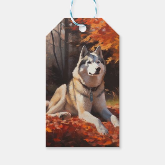 Siberische Husky in de herfst laat Herfst inspirer Cadeaulabel (Voorkant)