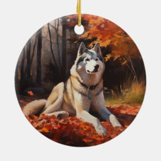 Siberische Husky in de herfst laat Herfst inspirer Keramisch Ornament (Achterkant)