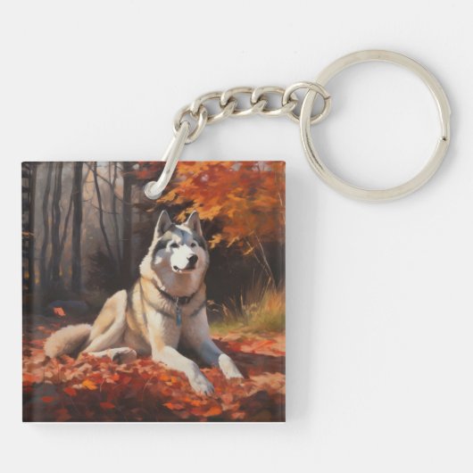 Siberische Husky in de herfst laat Herfst inspirer Sleutelhanger (Achterkant)