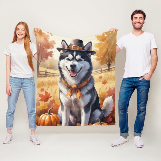 Siberische Husky in de herfst verlaat de Thanksgiv Fleece Deken (In situ)