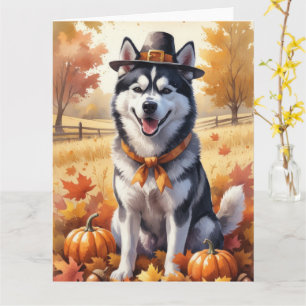 Siberische Husky in de herfst verlaat de Thanksgiv Kaart