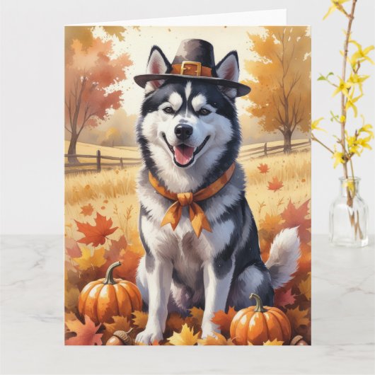 Siberische Husky in de herfst verlaat de Thanksgiv Kaart (Gele Bloem)
