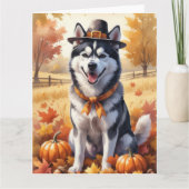Siberische Husky in de herfst verlaat de Thanksgiv Kaart (Voorkant)
