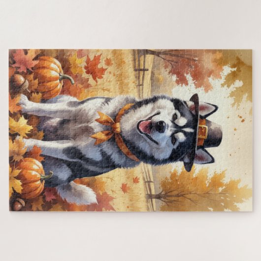 Siberische Husky in de herfst verlaat de Thanksgiv Legpuzzel (Horizontaal)