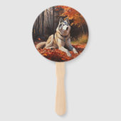 Siberische Husky in de herfstbladeren val inspiree Handwaaier (Achterkant)