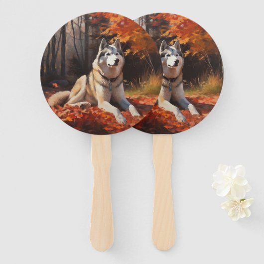 Siberische Husky in de herfstbladeren val inspiree Handwaaier (Voorkant en achterkant)